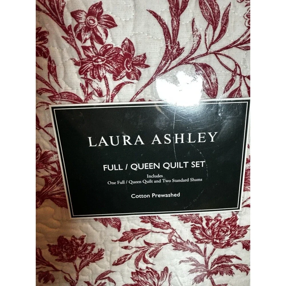Laura Ashley Ashington Full Queen Quilt Set, 3 Piece Red Floral Cotton Prewashed